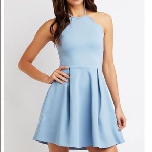 Blue scalloped high neck skater dress